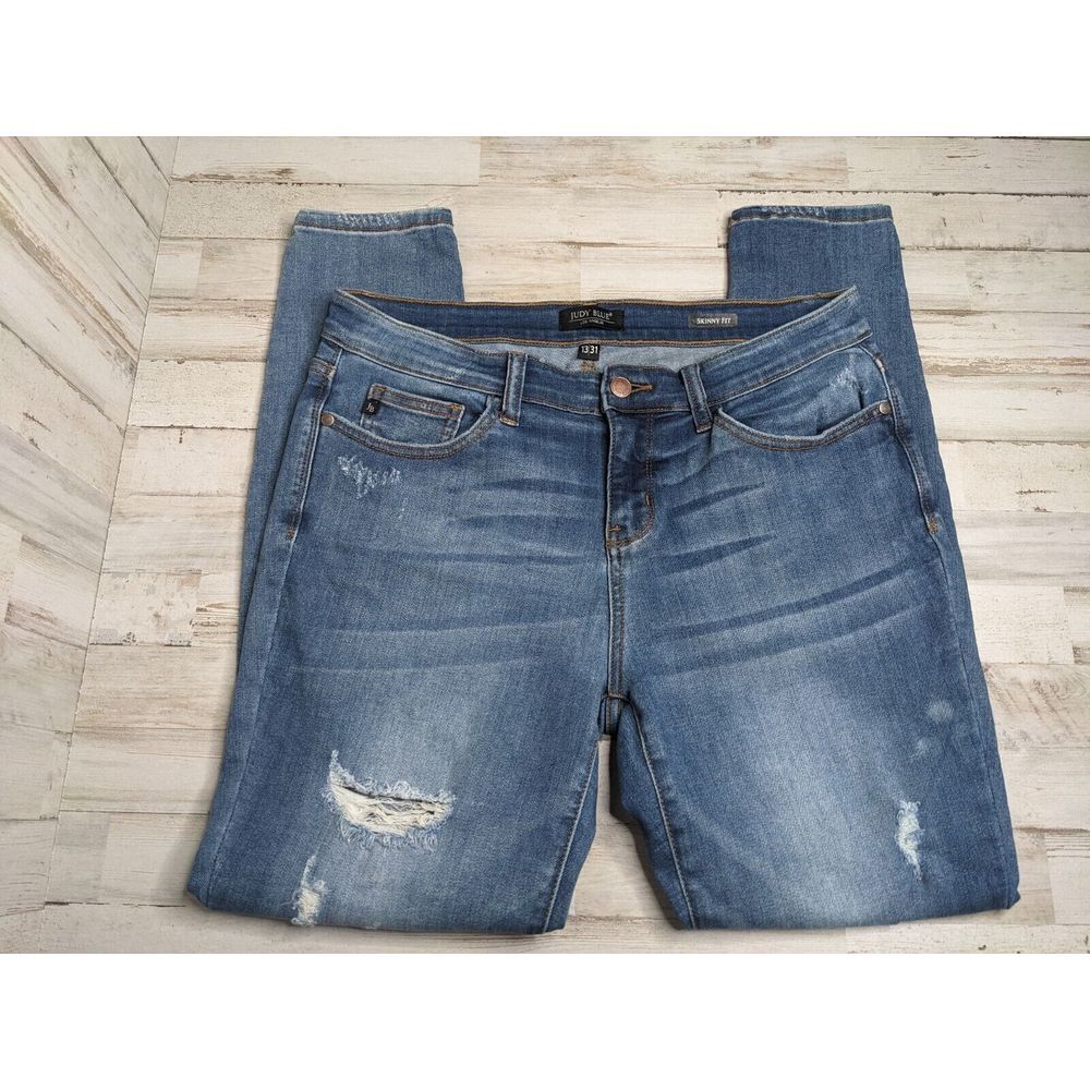 Judy Blue Skinny‎ Fit Mid-Rise Skinny Jeans Sz 13/31 (32x29) Stretch Distressed - Picture 3 of 12